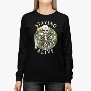 Retro Groovy Skeleton Staying Alive Coffee Halloween Hippie Longsleeve Tee 2 3