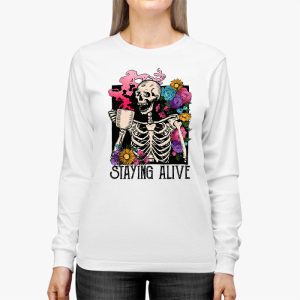 Retro Groovy Skeleton Staying Alive Coffee Halloween Hippie Longsleeve Tee 2