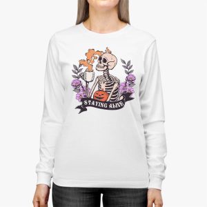 Retro Groovy Skeleton Staying Alive Coffee Halloween Hippie Longsleeve Tee 2 4