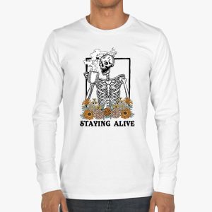 Retro Groovy Skeleton Staying Alive Coffee Halloween Hippie Longsleeve Tee 3 1