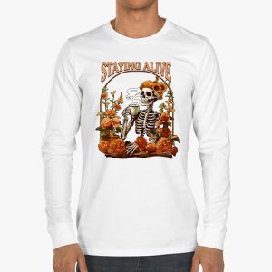 Retro Groovy Skeleton Staying Alive Coffee Halloween Hippie Longsleeve Tee 3 2