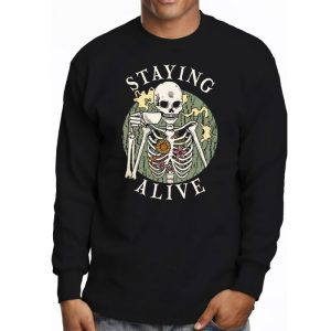 Retro Groovy Skeleton Staying Alive Coffee Halloween Hippie Longsleeve Tee 3 3