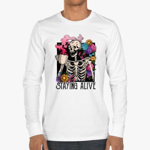 Retro Groovy Skeleton Staying Alive Coffee Halloween Hippie Longsleeve Tee 3