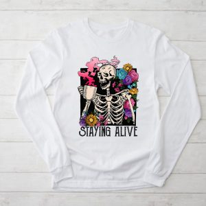 Cool Halloween Shirts Retro Groovy Skeleton Staying Alive Coffee Special Longsleeve Tee