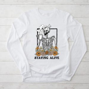 Retro Groovy Skeleton Staying Alive Coffee Halloween Hippie Longsleeve Tee