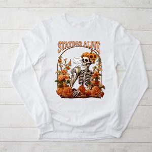 Retro Groovy Skeleton Staying Alive Coffee Halloween Hippie Longsleeve Tee