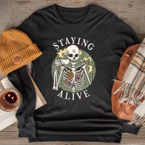 Cool Halloween Shirts Retro Groovy Skeleton Staying Alive Coffee Special Longsleeve Tee