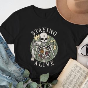 Retro Groovy Skeleton Staying Alive Coffee Halloween Hippie T Shirt 1 3