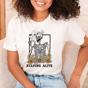 Retro Groovy Skeleton Staying Alive Coffee Halloween Hippie T Shirt 2 1