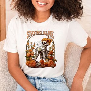 Retro Groovy Skeleton Staying Alive Coffee Halloween Hippie T Shirt 2 2