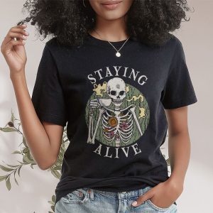 Retro Groovy Skeleton Staying Alive Coffee Halloween Hippie T Shirt 2 3