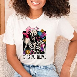 Retro Groovy Skeleton Staying Alive Coffee Halloween Hippie T Shirt 2