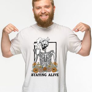 Retro Groovy Skeleton Staying Alive Coffee Halloween Hippie T Shirt 3 1