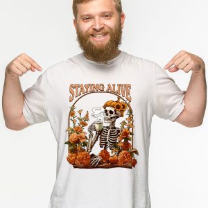 Retro Groovy Skeleton Staying Alive Coffee Halloween Hippie T Shirt 3 2