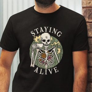 Retro Groovy Skeleton Staying Alive Coffee Halloween Hippie T Shirt 3 3