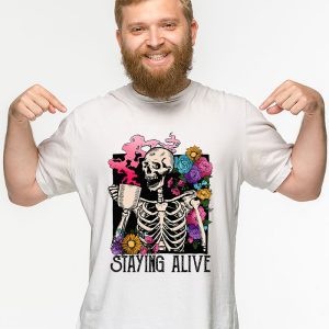 Retro Groovy Skeleton Staying Alive Coffee Halloween Hippie T Shirt 3