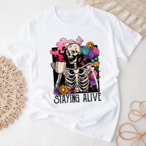 Retro Groovy Skeleton Staying Alive Coffee Halloween Hippie T-Shirt