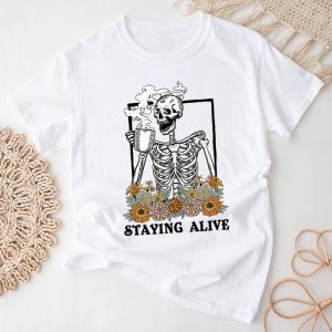 Cool Halloween Shirts Retro Groovy Skeleton Staying Alive Coffee Special T-Shirt