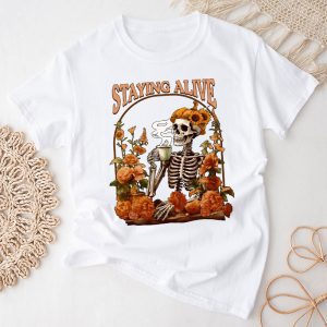 Retro Groovy Skeleton Staying Alive Coffee Halloween Hippie T-Shirt