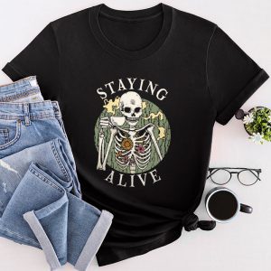 Retro Groovy Skeleton Staying Alive Coffee Halloween Hippie T-Shirt