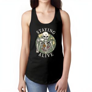 Retro Groovy Skeleton Staying Alive Coffee Halloween Hippie Tank Top 1 3