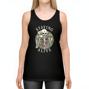 Retro Groovy Skeleton Staying Alive Coffee Halloween Hippie Tank Top 2 3