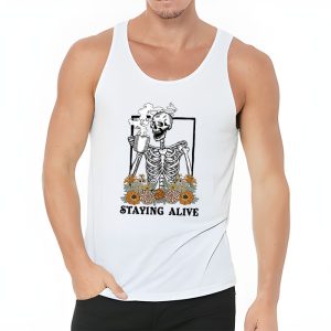 Retro Groovy Skeleton Staying Alive Coffee Halloween Hippie Tank Top 3 1