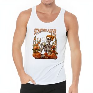 Retro Groovy Skeleton Staying Alive Coffee Halloween Hippie Tank Top 3 2