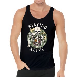 Retro Groovy Skeleton Staying Alive Coffee Halloween Hippie Tank Top 3 3