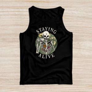 Retro Groovy Skeleton Staying Alive Coffee Halloween Hippie Tank Top