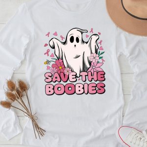 Save The Boobies Ghost Halloween Pink Ribbon Breast Cancer Longsleeve Tee