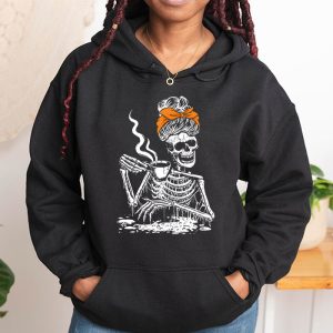 Skeleton Messy Bun Coffee Drinking Halloween Costume Women Hoodie 1 2