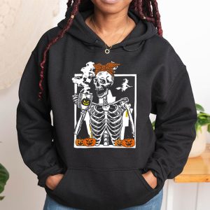 Skeleton Messy Bun Coffee Drinking Halloween Costume Women Hoodie 1