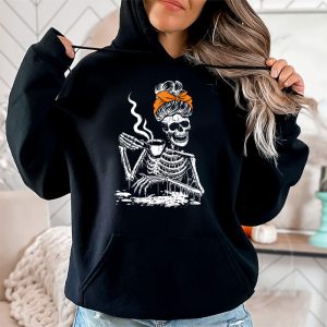 Skeleton Messy Bun Coffee Drinking Halloween Costume Women Hoodie 2 2