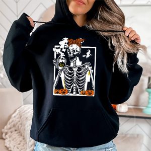 Skeleton Messy Bun Coffee Drinking Halloween Costume Women Hoodie 2