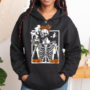 Skeleton Messy Bun Coffee Drinking Halloween Costume Women Hoodie 5