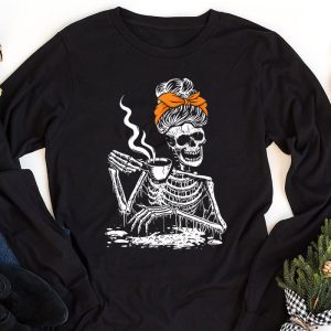 Skeleton Messy Bun Coffee Drinking Halloween Costume Women Longsleeve Tee 1 2