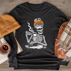 Skeleton Messy Bun Coffee Drinking Halloween Costume Women Longsleeve Tee 2 2