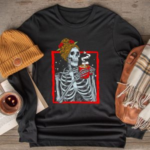 Skeleton Messy Bun Coffee Drinking Halloween Costume Women Longsleeve Tee 2 3