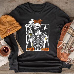 Skeleton Messy Bun Coffee Drinking Halloween Costume Women Longsleeve Tee 2