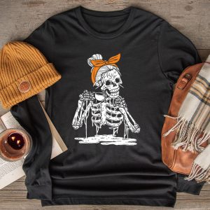 Skeleton Messy Bun Coffee Drinking Halloween Costume Women Longsleeve Tee 2 4