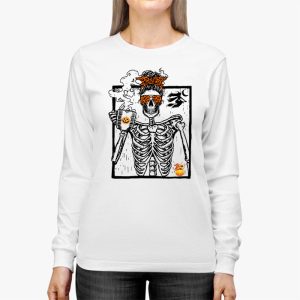 Skeleton Messy Bun Coffee Drinking Halloween Costume Women Longsleeve Tee 3 1