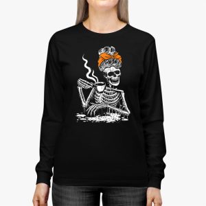 Skeleton Messy Bun Coffee Drinking Halloween Costume Women Longsleeve Tee 3 2