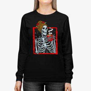 Skeleton Messy Bun Coffee Drinking Halloween Costume Women Longsleeve Tee 3 3