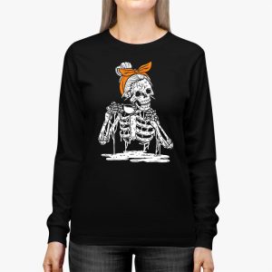 Skeleton Messy Bun Coffee Drinking Halloween Costume Women Longsleeve Tee 3 4