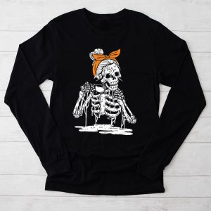 Skeleton Messy Bun Coffee Drinking Halloween Costume Women Longsleeve Tee