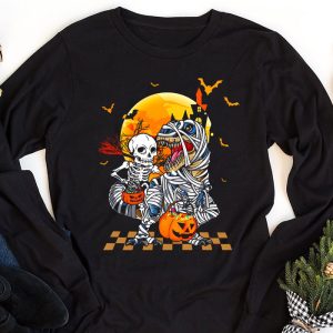 Skeleton Riding Mummy Dinosaur T Rex Kids Funny Halloween Longsleeve Tee 1