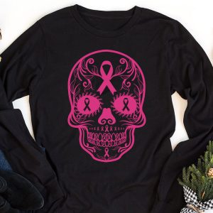 Sugar Skull Pink Ribbon Calavera Breast Cancer Awareness Longsleeve Tee 1 2