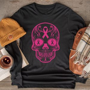 Sugar Skull Pink Ribbon Calavera Breast Cancer Awareness Longsleeve Tee 2 2