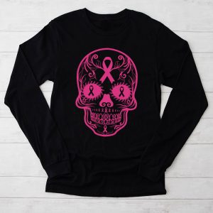 Halloween Shirt Ideas Sugar Skull Pink Ribbon Calavera Breast Cancer Awareness Longsleeve Tee